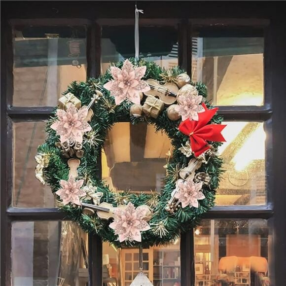 36 Pcs Artificial Poinsettia Flowers with Glitters Christmas Decors (Rose Gold) - Picture 6 of 7